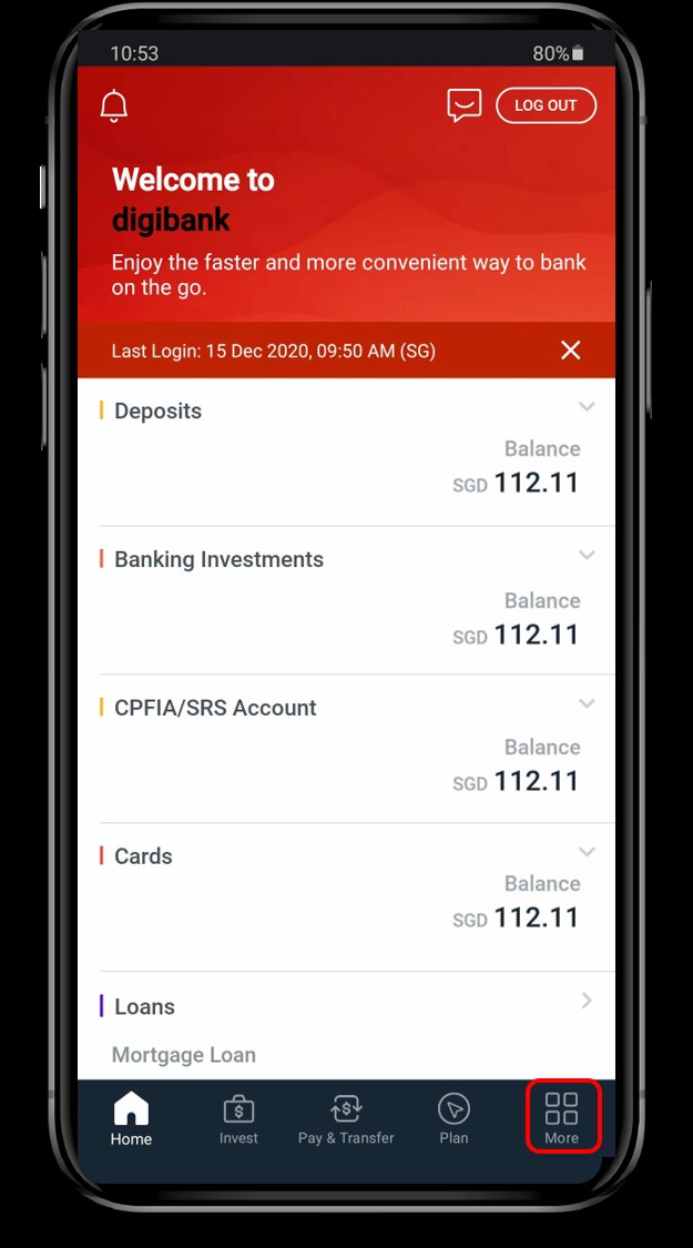 DBS Digibank home screen with More button highlighted.