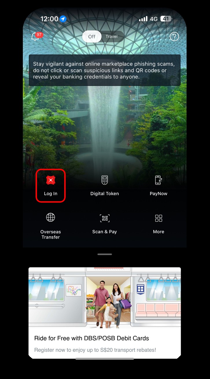 DBS Digibank login and home screen.