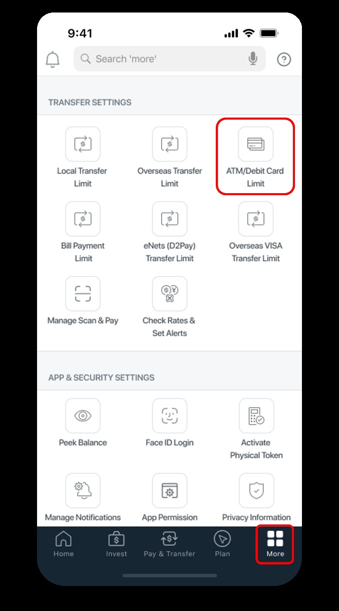 More menu showing ATM/Debit Card Limit option.