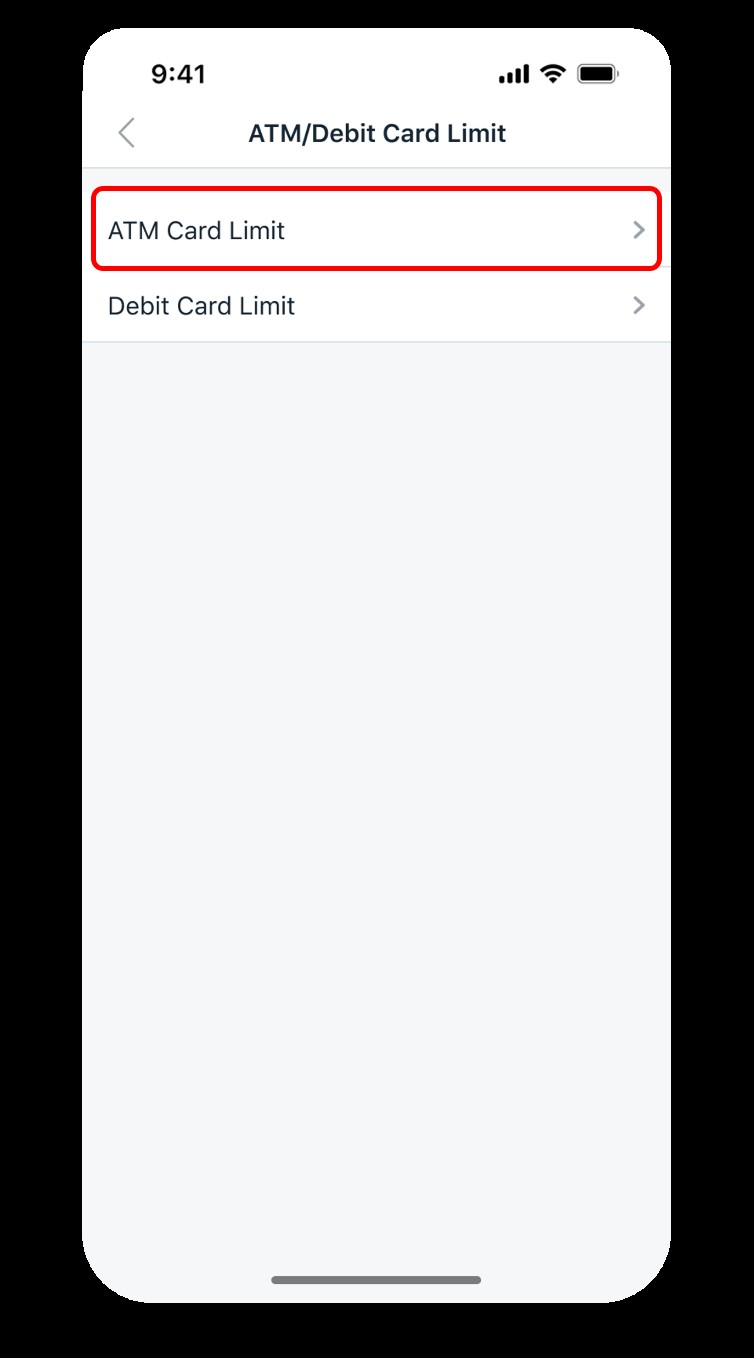 Screen showing ATM Card Limit and Debit Card Limit options.