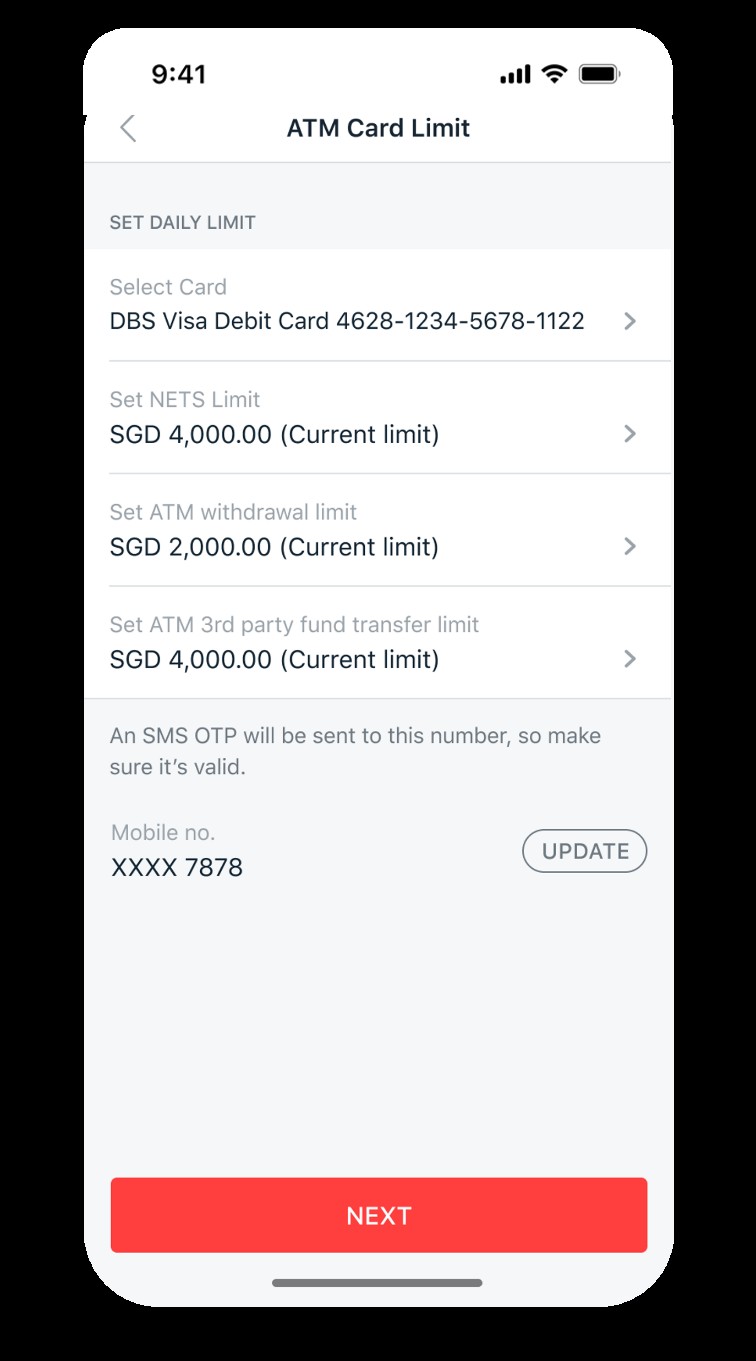 Screen showing options to set daily limits for ATM, NETS and other transfers.