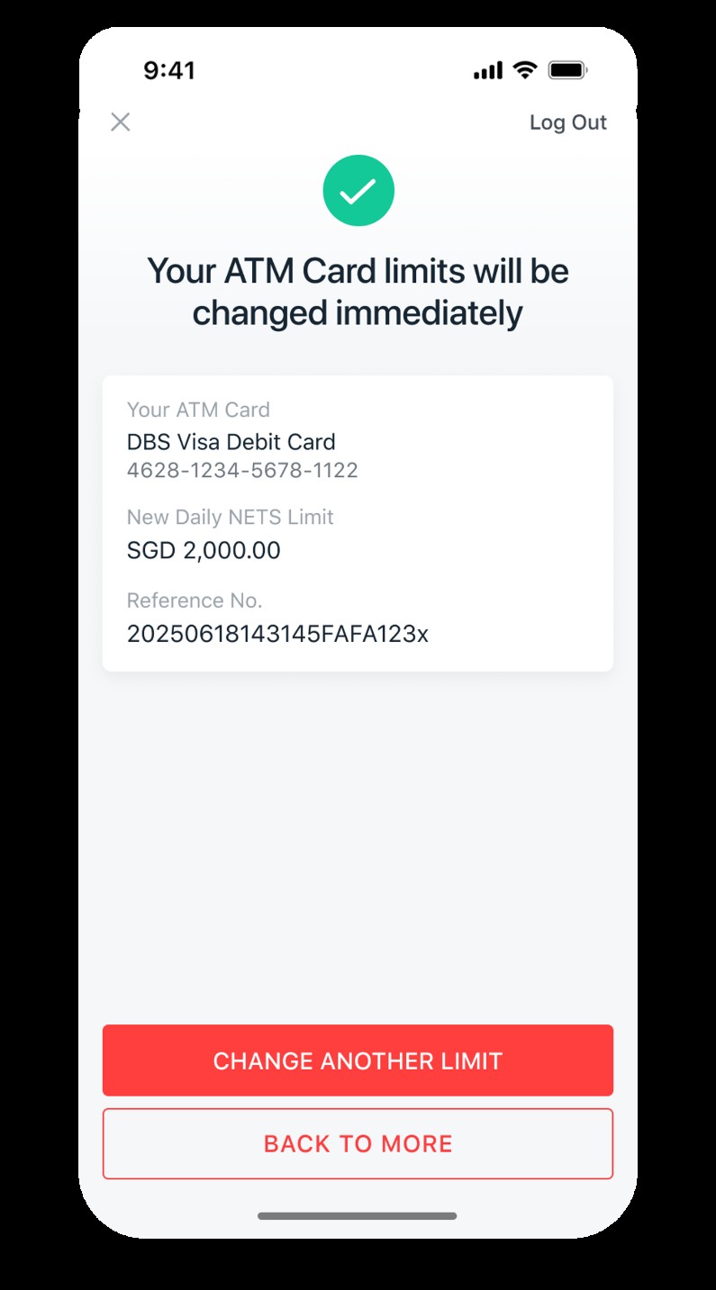 Confirmation screen showing the ATM Card limits have been changed.